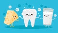 Happy Healthy Tooth and High calcium Products Cartoon characters friends together. Vector illustration in flat design