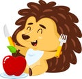 Happy Hedgehog Cartoon Character Is Looking At A Red Apple With A Fork And Knife Royalty Free Stock Photo