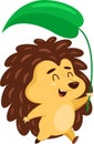 Happy Hedgehog Cartoon Character Running Holds A Plant Leaf