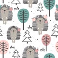 Colorful seamless pattern with happy hedgehogs, trees. Decorative cute background with animals, forest