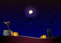 Happy helloween. Vector illustration with witch hat, pumpkin, potion pot, black cat, moon, and broom Royalty Free Stock Photo