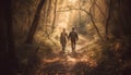 Happy heterosexual couple walking in autumn forest, enjoying nature beauty generated by AI Royalty Free Stock Photo