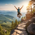 happy hiker with backpack jumping on rocky mountainshappy hiker with backpack jumping on rocky mountainsyoung man hiker jumping in