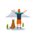 Happy hiker with his dog on top of mountain enjoying view isolated vector