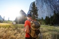 Happy hiker visit Yosemite national park in California Royalty Free Stock Photo