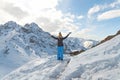 Happy hiker winning reaching life goal, success, freedom and happiness, achievement in mountains Royalty Free Stock Photo