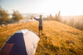 Happy hiking travel on top of mountain hand up looking to sunrise. travel concept Royalty Free Stock Photo