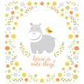 Happy hippo on floral background