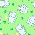 Happy hippo with friendly bird seamless pattern