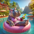 Happy Hippopotamus Floating In a Swimming Pool