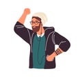 Happy hipster bearded guy listening to music in earphones, dancing and having fun vector flat illustration. Smiling male Royalty Free Stock Photo