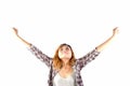 Happy hipster elated woman with arms out raised up isolated on w