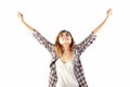 Happy hipster elated woman with arms out raised up isolated on w Royalty Free Stock Photo