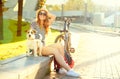 Happy Hipster Girl with her Pet in Summer Park Royalty Free Stock Photo