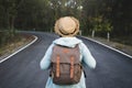 Happy hipster old women backpack traveling on the road relax time and holiday Royalty Free Stock Photo