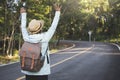 Happy hipster old women backpack traveling on the road relax time and holiday Royalty Free Stock Photo