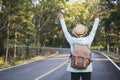 Happy hipster old women backpack traveling on the road relax time and holiday Royalty Free Stock Photo