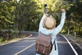 Happy hipster old women backpack traveling on the road relax time and holiday Royalty Free Stock Photo