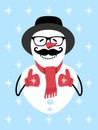 Hipster snowman in a hat, glasses, mittens and with a mustache showing like symbol