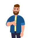 Happy hipster young man offering or giving hand shake pose and smiling with welcome gesture. Trendy bearded person expressing.