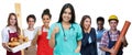 Happy hispanic female nurse with group of trainees