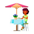 happy hispanic lady eating delicious vegetarian salad on restaurant terrace cartoon vector