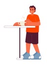 Happy hispanic man in cafeteria semi flat color vector character