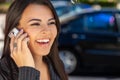 Happy Hispanic Woman Businesswoman Talking On Her Cell Phone Royalty Free Stock Photo