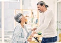 Happy, holding hands or old couple dancing in living room for love, care or joy bonding together at home. Smile, elderly Royalty Free Stock Photo