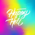 Happy Holi abstract colorful background with hand lettering holiday greetings. Indian spring festival of colors celebrate card. Royalty Free Stock Photo