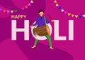 Happy holi abstract illustration with color splash explosion. Cartoon young man dancing with drum to celebrate the festival of col