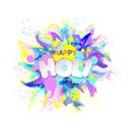 Happy HOLI banner with Colorful Powder Explosion textured splashes, motion ink, watercolor. Hindu, Dhulandi