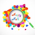 Happy holi card with color splashes and pichkari. Vector illustration.