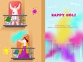 Happy Holi Celebration Background With Indian People Playing Colors On Their Balconies Or Roof