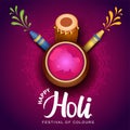Happy Holi celebration background. Top view of color pot design decorated with water gun on patterned pink background. vector