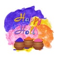 Happy holi celebration background with tradition mud pots, gulal colors powder, watercolor splashes. Royalty Free Stock Photo