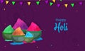 Happy Holi Celebration Banner Design with Clay Pots Full of Dry Colors and Bunting Flags Decorated on Purple Background