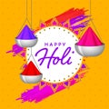 Happy Holi Celebration Concept with Hanging Color Bowls and Brush Stroke Effect on Chrome Yellow