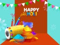 Happy Holi Celebration Concept with Indian Music Drum and Gulal Pots, Pichkari on Floral Brown Royalty Free Stock Photo