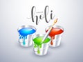 Happy Holi celebration concept with realistic buckets full of water colours and color gun.