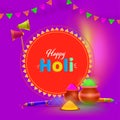 Happy Holi Celebration Concept with Water Gun (Pichkari), Dry Color (Gulal) in Mud Pots and Plate on Purple Royalty Free Stock Photo