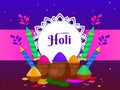 Happy Holi Celebration Poster Design with Powder Color (Gulal) in Mud Pots, Water Guns (Pichkari) on Color Royalty Free Stock Photo
