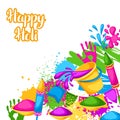 Happy Holi colorful background. Illustration of buckets with paint, water guns, flags, blots and stains Royalty Free Stock Photo