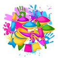 Happy Holi colorful background. Illustration of buckets with paint, water guns, flags, blots and stains Royalty Free Stock Photo