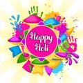 Happy Holi colorful background. Illustration of buckets with paint, water guns, flags, blots and stains Royalty Free Stock Photo