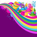 Happy Holi colorful background. Illustration of buckets with paint, water guns, flags, blots and stains Royalty Free Stock Photo