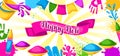 Happy Holi colorful banner. Illustration of buckets with paint, water guns, flags, blots and stains Royalty Free Stock Photo