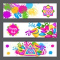 Happy Holi colorful banners. Illustration of buckets with paint, water guns, flags, blots and stains Royalty Free Stock Photo