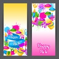 Happy Holi colorful banners. Illustration of buckets with paint, water guns, flags, blots and stains Royalty Free Stock Photo