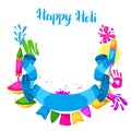 Happy Holi colorful frame. Illustration of buckets with paint, water guns, flags, blots and stains Royalty Free Stock Photo